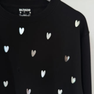 Glitter silver miniature HEARTS on black sweatshirt *NEW*