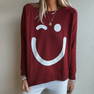 Burgundy & white SMILEY sweatshirt *relaxed style*