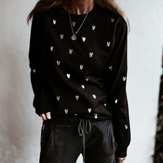 Glitter silver miniature HEARTS on black sweatshirt