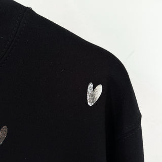 Glitter silver miniature HEARTS on black sweatshirt