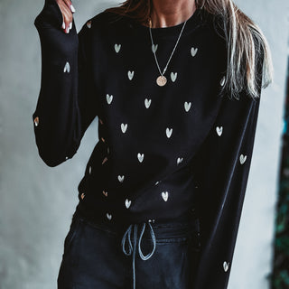 Glitter silver miniature HEARTS on black sweatshirt