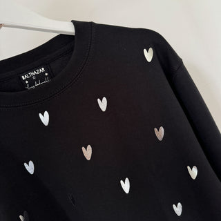 Glitter silver miniature HEARTS on black sweatshirt