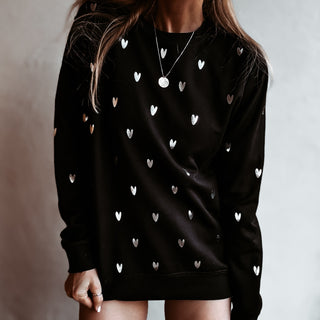 Glitter silver miniature HEARTS on black sweatshirt *NEW*