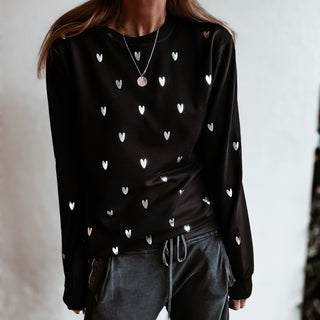 Glitter silver miniature HEARTS on black sweatshirt