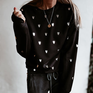 Glitter silver miniature HEARTS on black sweatshirt