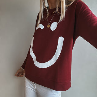 Burgundy & white SMILEY sweatshirt *relaxed style* *NEW*