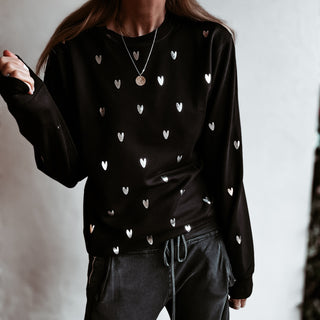 Glitter silver miniature HEARTS on black sweatshirt