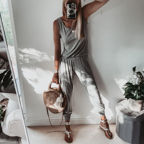 Short sleeved LIGHT GREY jumpsuit