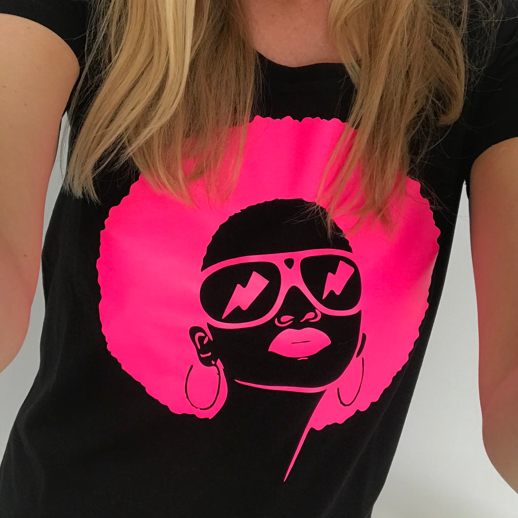 Neon pink face on black tee (L)