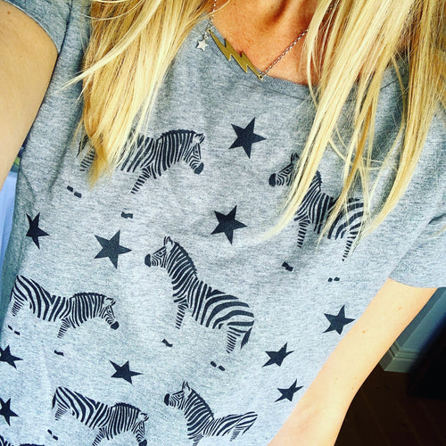 Black zebras & stars on grey tee *PRE-ORDER*